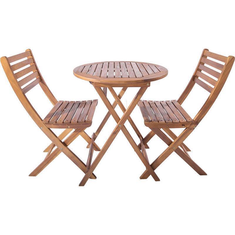 Balcony Tables And Chairs Solid Wood Combination Folding Home Simple Acacia Wood Outdoor Anti-corrosion Small Tea Table 2 Chairs + 1 60cm Round Table