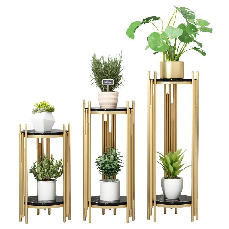 Home Nordic Flower Rack Modern Light Luxury Marble Floor Flower Rack Living Room Creative Balcony Simple Flower Rack Medium Gold (80 High) + White Marble