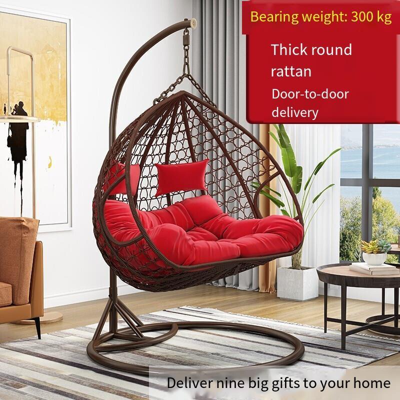 Hanging Chair Household Balcony Basket Rattan Indoor Room Dormitory Swing Rocking Outdoor Double Lazy Hammock European Bird's Nest Drop Single Coffee - Deluxe Version [armrest + Large]