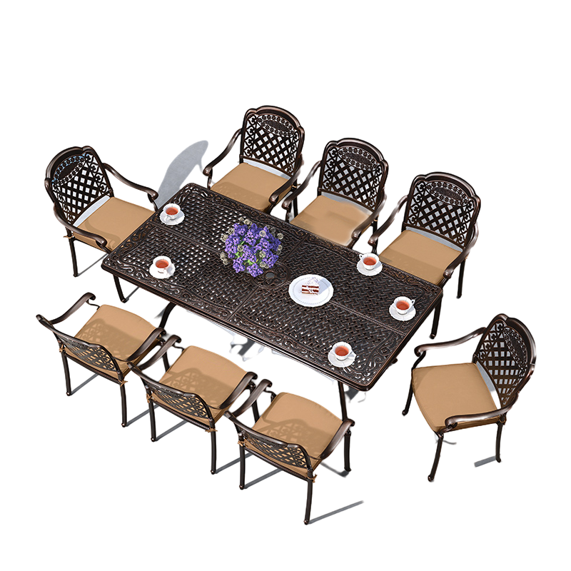Outdoor Barbecue Table And Chair Five Piece Set Iron Art Furniture Seat 6 Linclined Lattice Chair Cast Aluminum Long Table 146 × 80 With Cushion