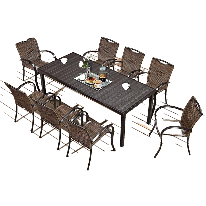 8 [Woven Rattan Chair] + 1 [Plastic Wood Square Table 200x90] Outdoor Tables And Chairs Courtyard Outdoor Leisure Terrace Outdoor Garden Seats Dining Table Combination Balcony Tables And Chairs Rattan Chair