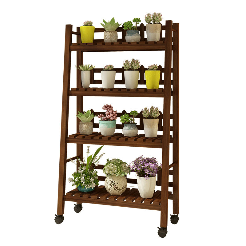 Balcony Solid Wood Multi-storey Living Room Plant Rack Indoor Floor Multi Meat Flower Pot Rack Green Pineapple Anti-corrosion Wood Mobile Flower Rack Multi Fence Carbonization 3 Layers 1m Pulley