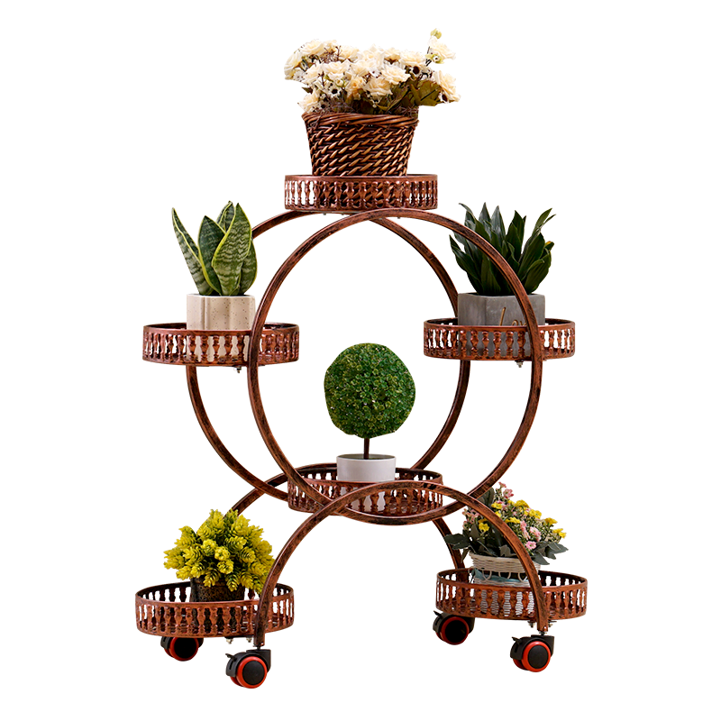 Flower Rack Multi-layer Indoor Space Saving Iron Multi-layer Flower Rack Balcony Storage Rack Living Room Belt Wheel Flower Pot Rack Red Copper 6 Basin Luxury Version (brake Universal Wheel)