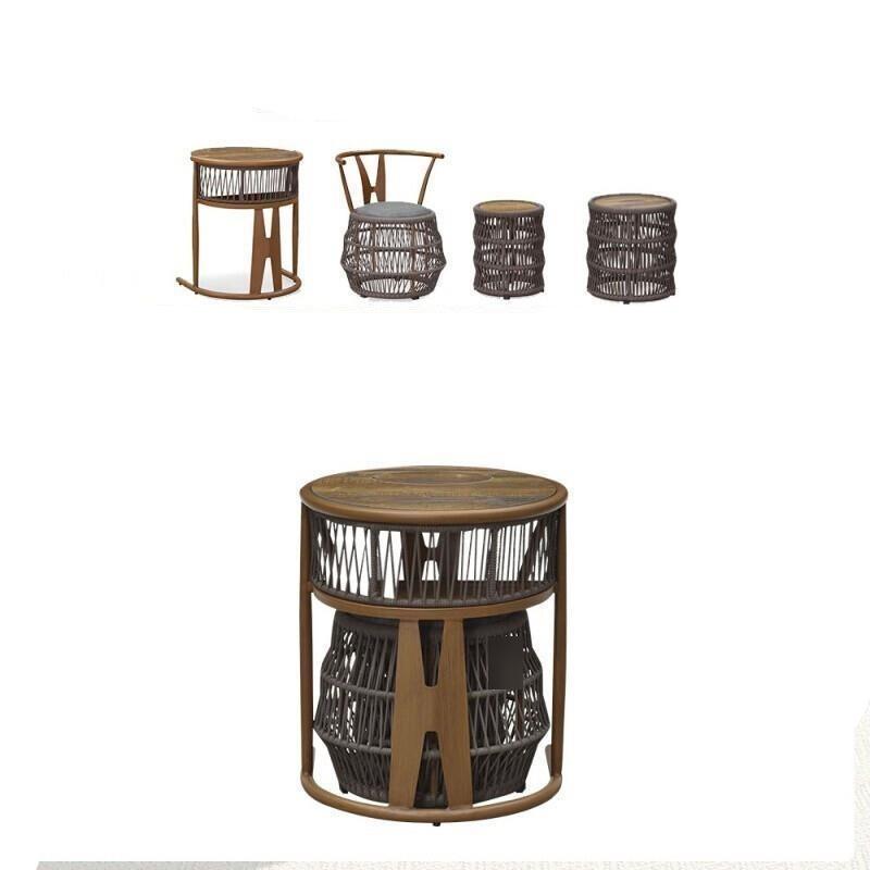 Three Piece Set Light Luxury Table And Chair Rattan Chair Combination Outdoor Garden Tea Table Brown Chair+1 Round Table With Partition+2 Stools Balcony Tea Table