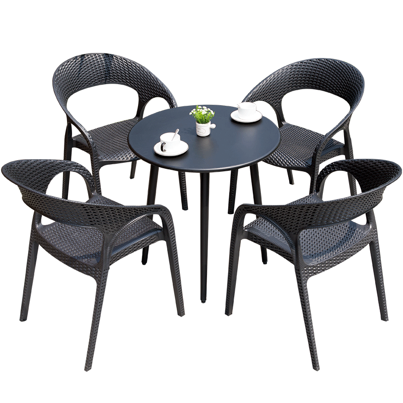 4 Chairs+1 [With 70cm Black Silk Glass Round Table] Rattan Outdoor Table And Chair Courtyard Garden Table And Chair Combination Outdoor Leisure Outdoor Table And Chair Balcony Small Table And Chair Coffee Milk Tea Shop Imitation Rattan Chair Table Set