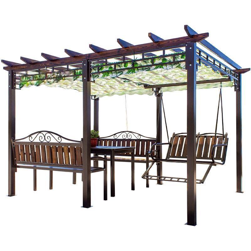 3.4*2.7 Grape Trellis With Table And Chair Two Board Swing Outdoor Courtyard Anticorrosive Wood Aluminum Alloy Grape Trellis Pavilion Tent Villa Courtyard Solid Wood Swing Pavilion Four Hexagon Rocking Chair Pavilion Garden Terrace Sunshade Pavilion