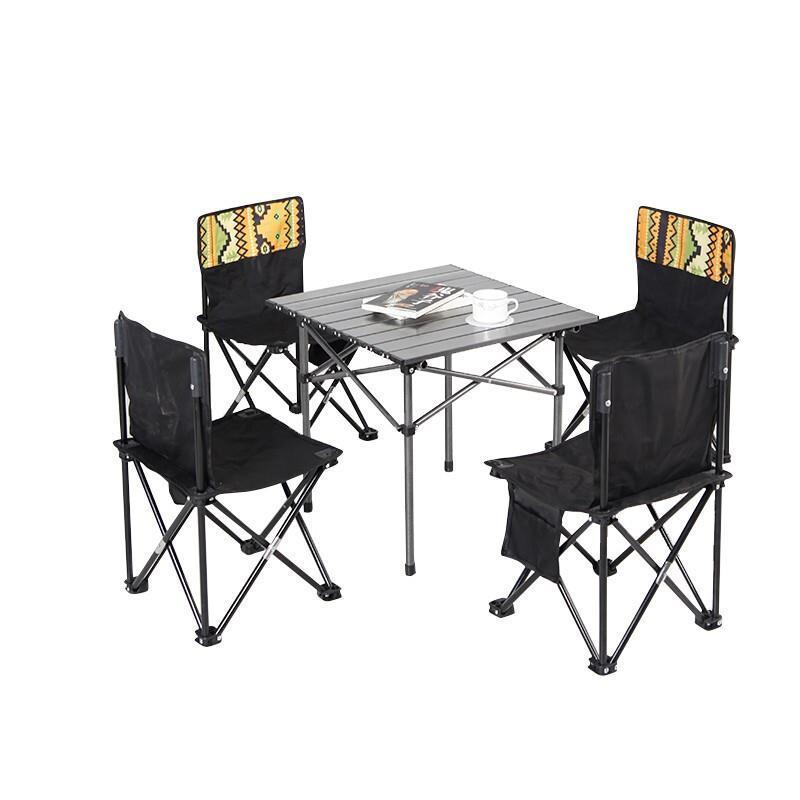 Ethnic Style Five Piece Set Folding Tables And Chairs Outdoor Portable Picnic Barbecue Balcony Stool Set Combination Camping Picnic Self Driving Tour Vehicle Fishing Chair Stool Advertising Starting Table