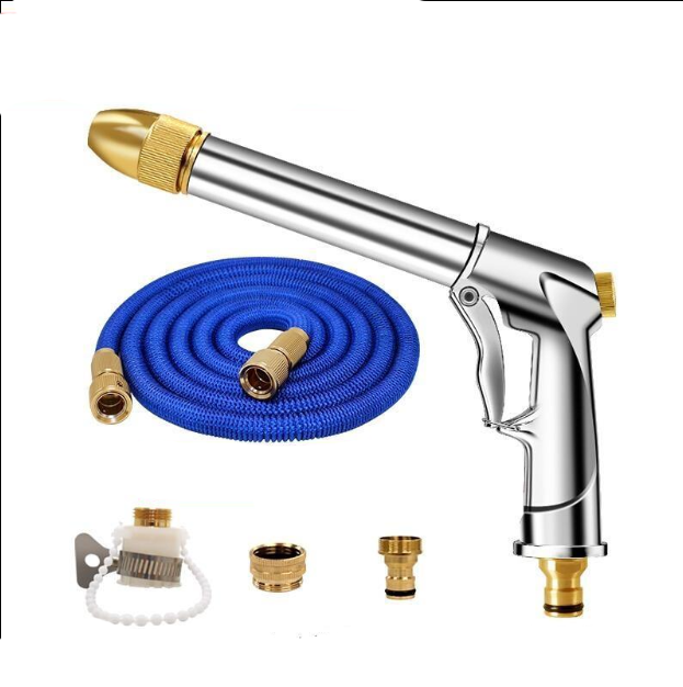 Car Washing Water Gun High Pressure Portable Vehicle Mounted Spray Gun With Telescopic Pressurized Water Pipe Hose Nozzle Set Household Garden Watering Artifact [double Pressurized Alloy Gun Body] 7.5m After Water Injection