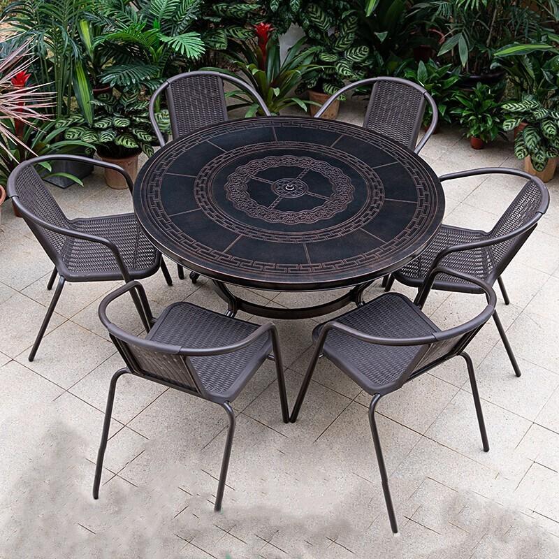 Outdoor Barbecue Cast Aluminum Table And Chair Villa Garden Outdoor Courtyard Iron Combination 6 Bordeaux Chair + 1 Aluminum Grill Round 122cm